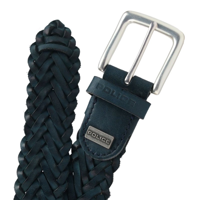 POLICE CEINTURE HOMME 100% CUIR VÉRITABLE TRESSÉE 474/35 — détail logo