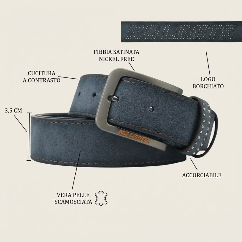 CEINTURE HOMME NO LIMITS EN CUIR DAIM AVEC CLOUS 3,5 CM NL-07 — vue de face