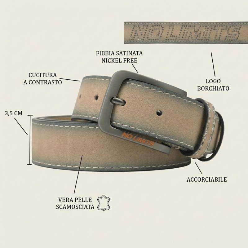 NO LIMITS CINTURA UOMO SCAMOSCIATA CON BORCHIE 3,5 CM NL-07 — vista 12